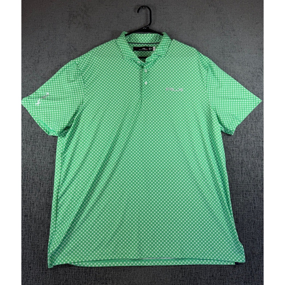 RLX Ralph Lauren Mens XXL Pro Fit Golf Polo Shirt Green White Geometric Pattern